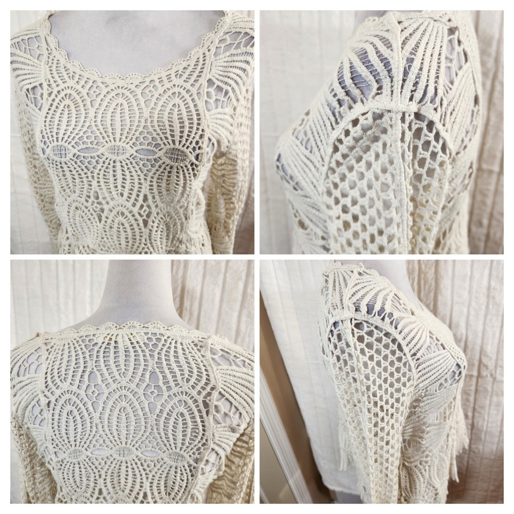 Rebellion Again Womens L Cream Cotton Crochet Cropped Sheer‎ Boho Festival Top
